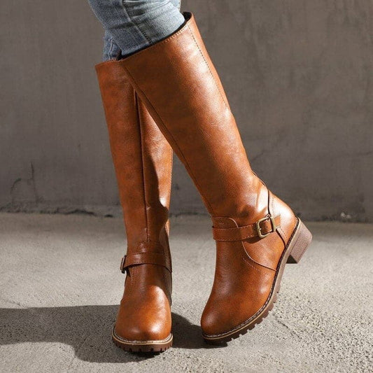 Bottes hautes femme – cuir lisse – talon bloc confortable – bout rond – boucle décorative