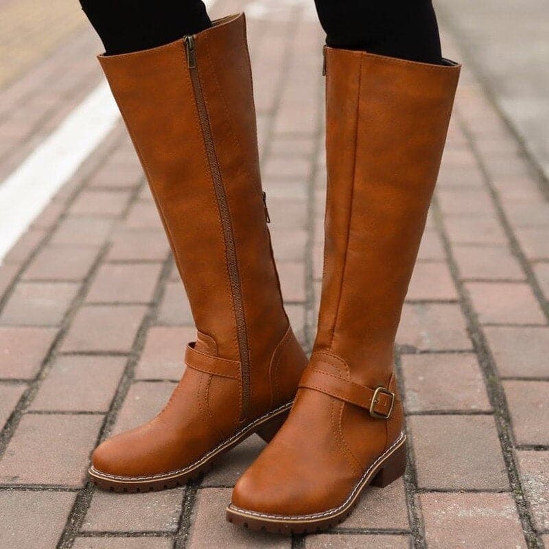 Bottes hautes femme – cuir lisse – talon bloc confortable – bout rond – boucle décorative