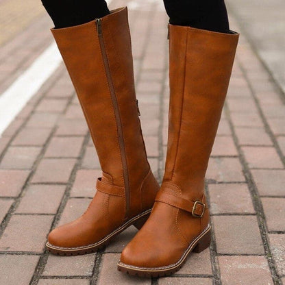 Bottes hautes femme – cuir lisse – talon bloc confortable – bout rond – boucle décorative