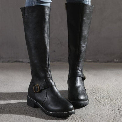 Bottes hautes femme – cuir lisse – talon bloc confortable – bout rond – boucle décorative