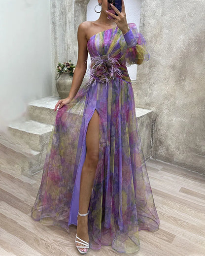 Robe de soirée femme – Une épaule – Fente haute – Détail floral – Tissu fluide