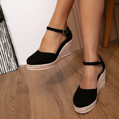 Sandales compensées femme – Bout fermé – Bride cheville – Suédine – Style espadrille