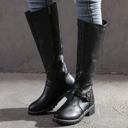 Bottes hautes femme – cuir lisse – talon bloc confortable – bout rond – boucle décorative