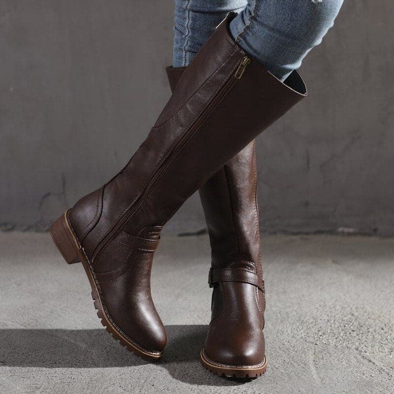 Bottes hautes femme – cuir lisse – talon bloc confortable – bout rond – boucle décorative