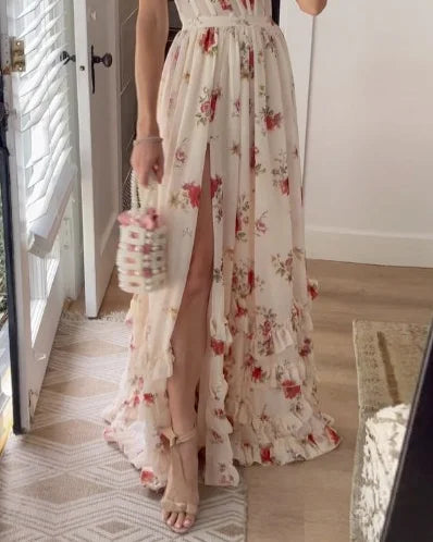 Robe midi femme – Dentelle florale – Coupe ajustée évasée – Fente élégante