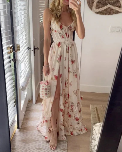 Robe midi femme – Dentelle florale – Coupe ajustée évasée – Fente élégante