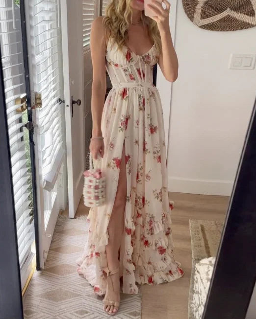 Robe midi femme – Dentelle florale – Coupe ajustée évasée – Fente élégante