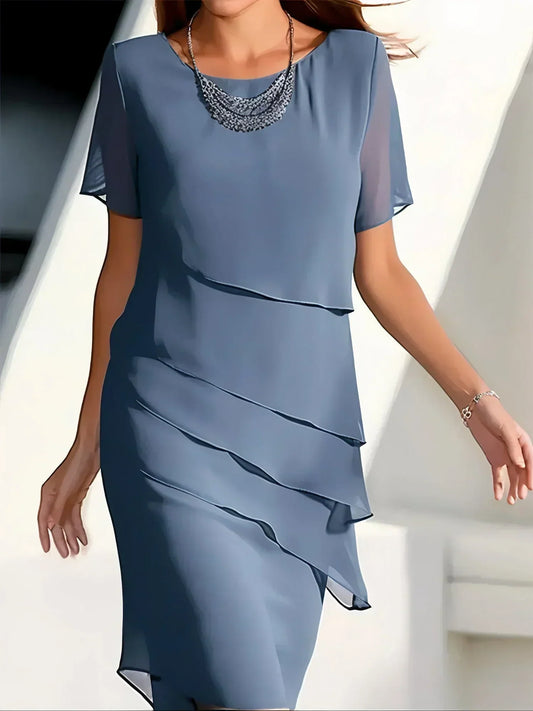 Robe femme – Coupe ajustée – Volants superposés – Manches courtes transparentes