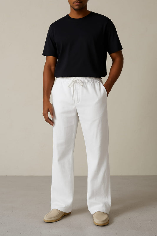 Pantalon homme – Lin respirant – Coupe ample – Jambe large – Taille à cordon