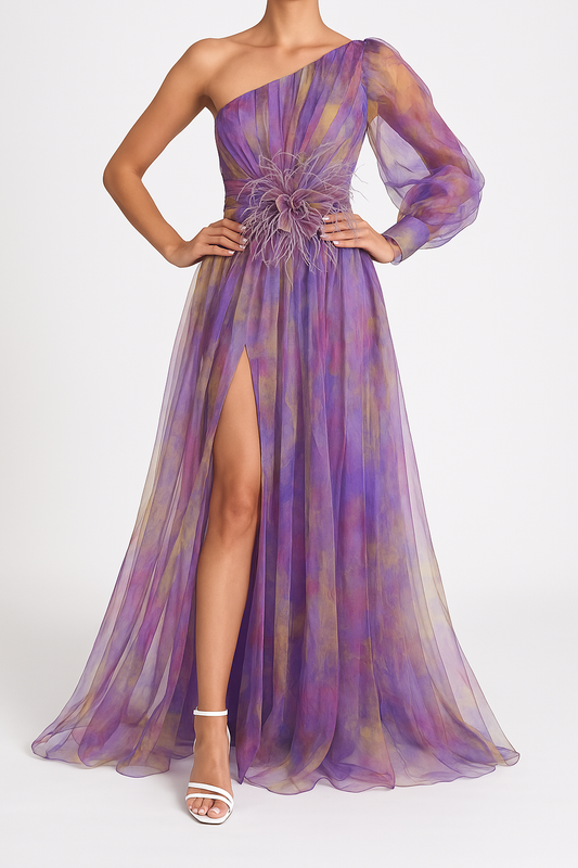 Robe de soirée femme – Une épaule – Fente haute – Détail floral – Tissu fluide