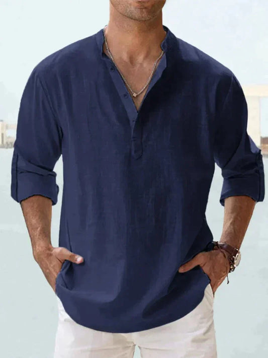 Chemise homme – Lin respirant – Coupe décontractée – Col mao manches longues