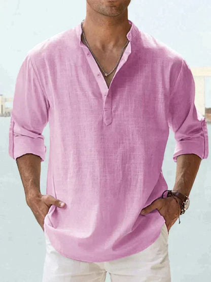 Chemise homme – Lin respirant – Coupe décontractée – Col mao manches longues