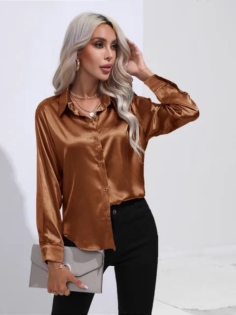 Blouse femme – Satin lisse – Coupe ample – Manches longues à poignets boutonnés