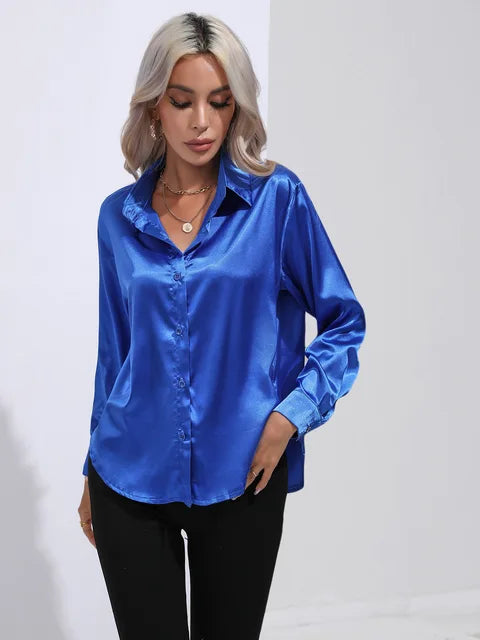 Blouse femme – Satin lisse – Coupe ample – Manches longues à poignets boutonnés
