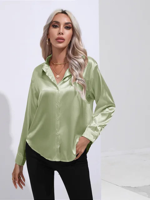 Blouse femme – Satin lisse – Coupe ample – Manches longues à poignets boutonnés