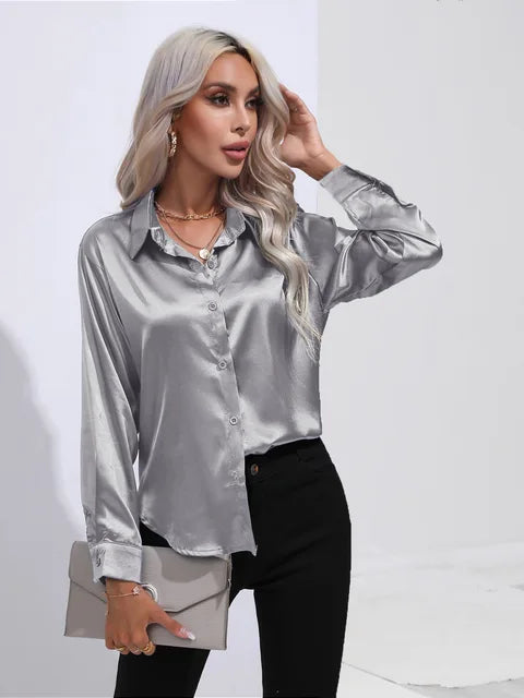 Blouse femme – Satin lisse – Coupe ample – Manches longues à poignets boutonnés