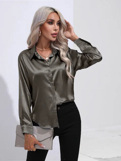 Blouse femme – Satin lisse – Coupe ample – Manches longues à poignets boutonnés
