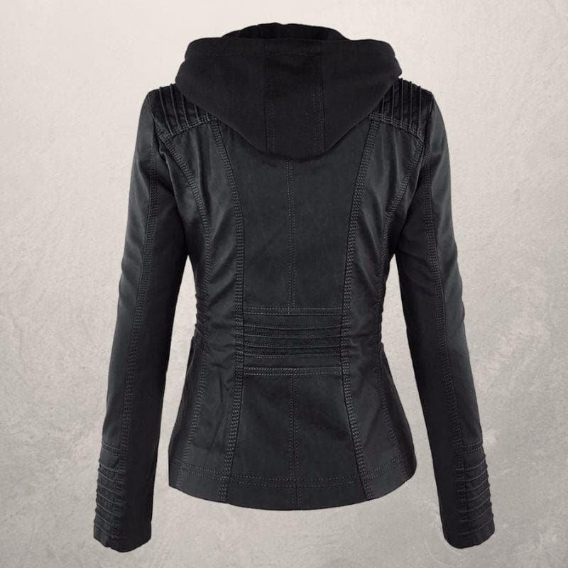 Veste en cuir femme – Coupe slim – Capuche à cordon – Poches zippées – Style urbain