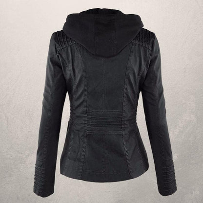 Veste en cuir femme – Coupe slim – Capuche à cordon – Poches zippées – Style urbain