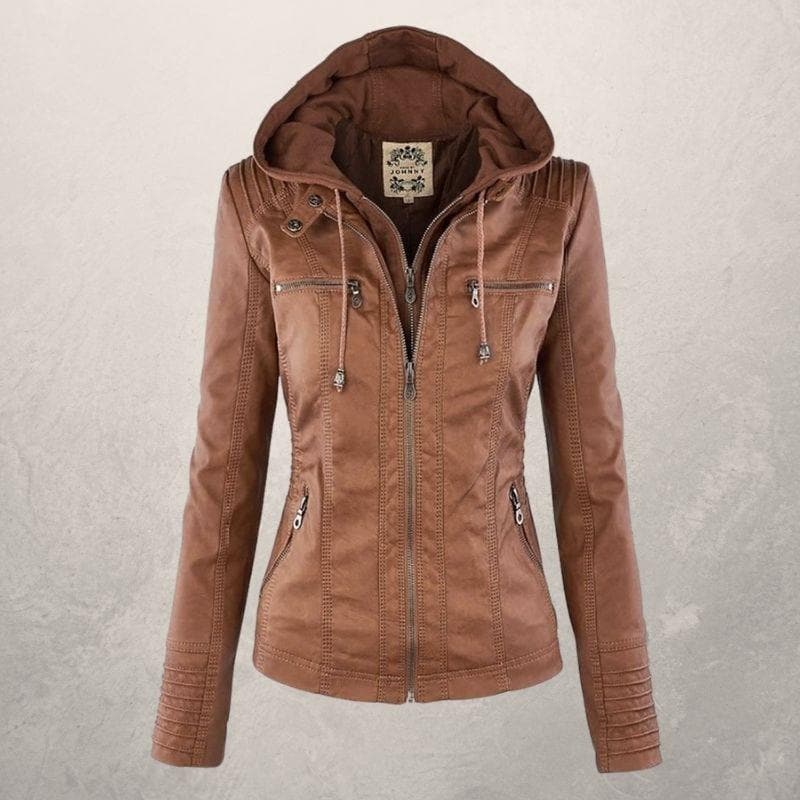 Veste en cuir femme – Coupe slim – Capuche à cordon – Poches zippées – Style urbain