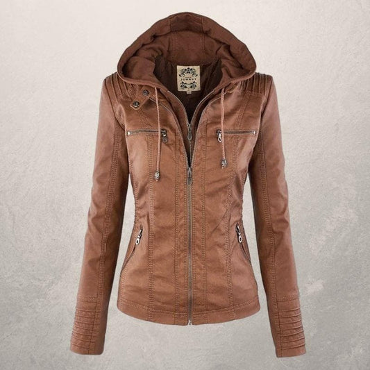 Veste en cuir femme – Coupe slim – Capuche à cordon – Poches zippées – Style urbain