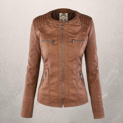 Veste en cuir femme – Coupe slim – Capuche à cordon – Poches zippées – Style urbain