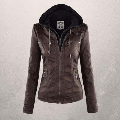 Veste en cuir femme – Coupe slim – Capuche à cordon – Poches zippées – Style urbain