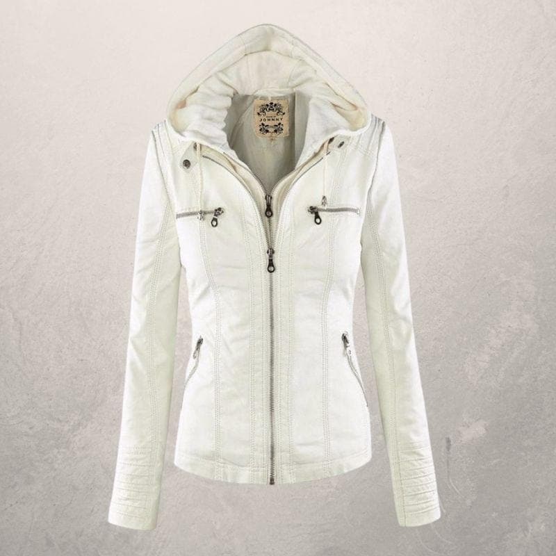 Veste en cuir femme – Coupe slim – Capuche à cordon – Poches zippées – Style urbain