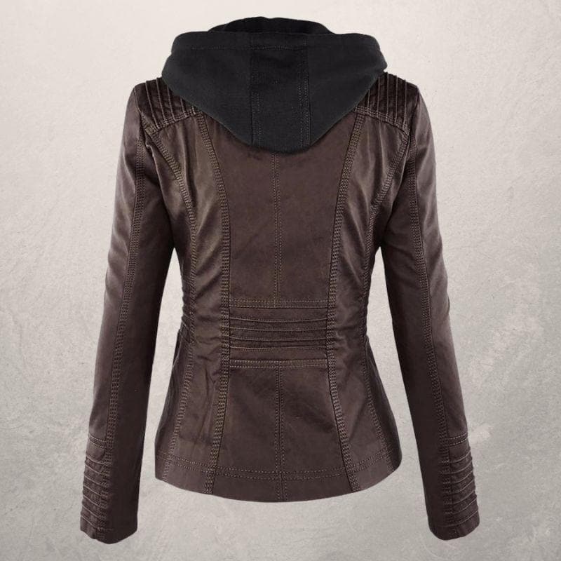 Veste en cuir femme – Coupe slim – Capuche à cordon – Poches zippées – Style urbain