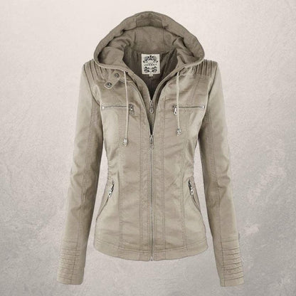 Veste en cuir femme – Coupe slim – Capuche à cordon – Poches zippées – Style urbain