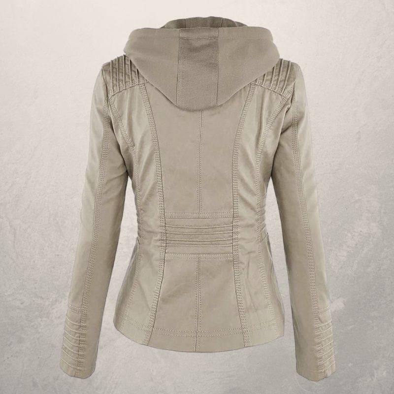 Veste en cuir femme – Coupe slim – Capuche à cordon – Poches zippées – Style urbain
