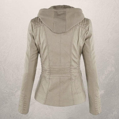 Veste en cuir femme – Coupe slim – Capuche à cordon – Poches zippées – Style urbain