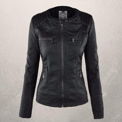 Veste en cuir femme – Coupe slim – Capuche à cordon – Poches zippées – Style urbain