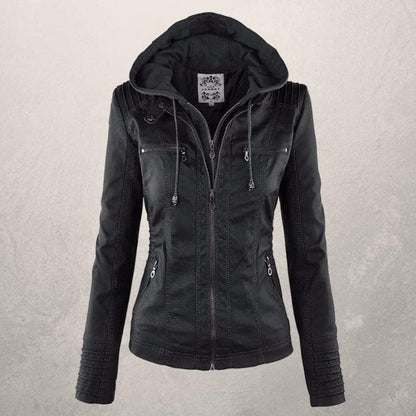 Veste en cuir femme – Coupe slim – Capuche à cordon – Poches zippées – Style urbain