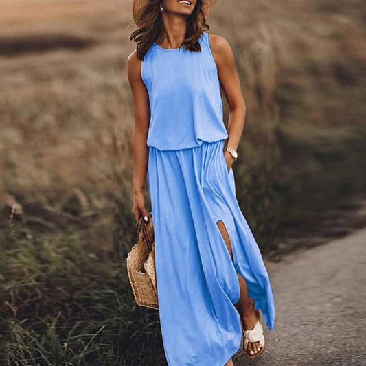 Robe longue femme – Coupe fluide bohème – Taille élastique – Sans manches fendue
