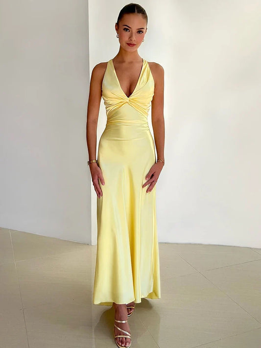 Robe de soirée femme – Satin lisse – Longue – Col halter – Sans manches élégante