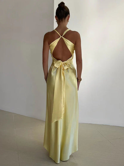 Robe de soirée femme – Satin lisse – Longue – Col halter – Sans manches élégante