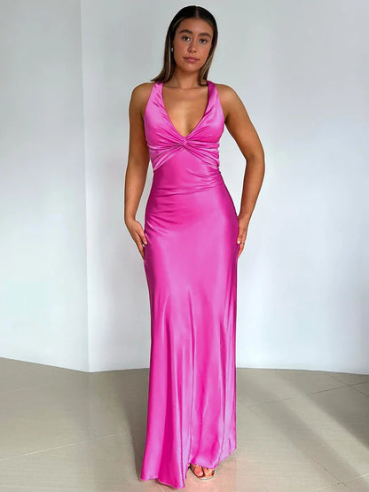 Robe de soirée femme – Satin lisse – Longue – Col halter – Sans manches élégante