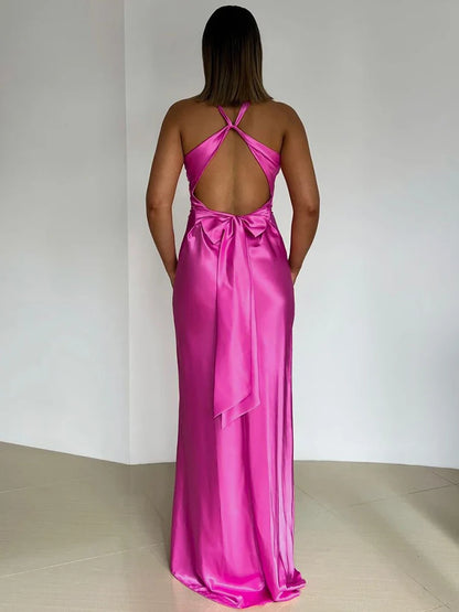 Robe de soirée femme – Satin lisse – Longue – Col halter – Sans manches élégante