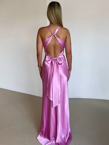 Robe de soirée femme – Satin lisse – Longue – Col halter – Sans manches élégante