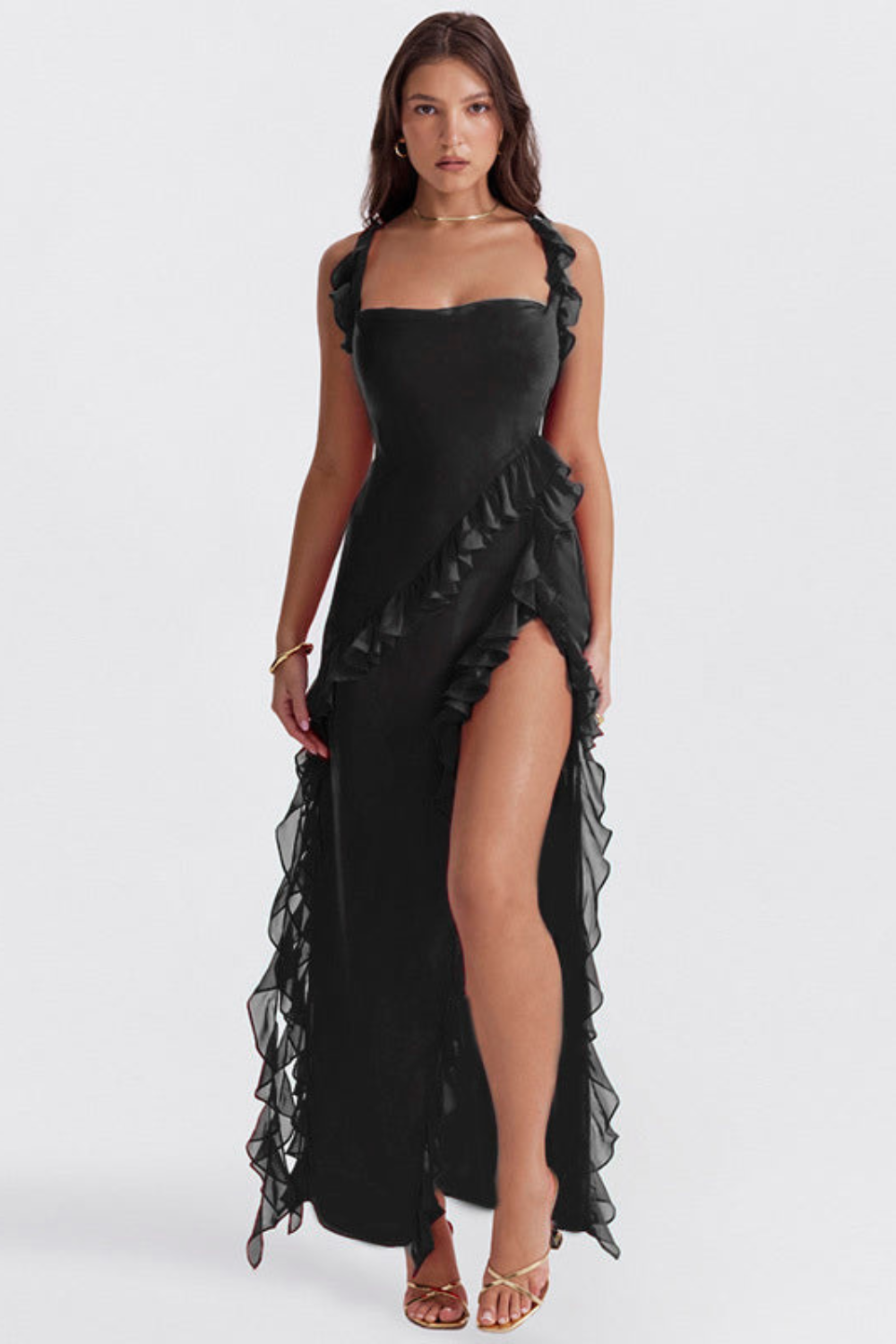 Robe femme longue – Fente haute – Bretelles réglables – Détail volant – Coupe élégante