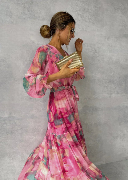 Robe longue femme – Manches longues – Décolleté en V – Ceinture ajustée – Tissu léger