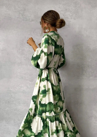 Robe longue femme – Manches longues – Décolleté en V – Taille ceinturée fluide