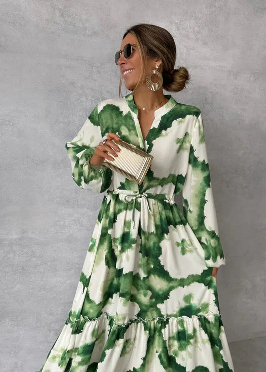 Robe longue femme – Manches longues – Décolleté en V – Taille ceinturée fluide