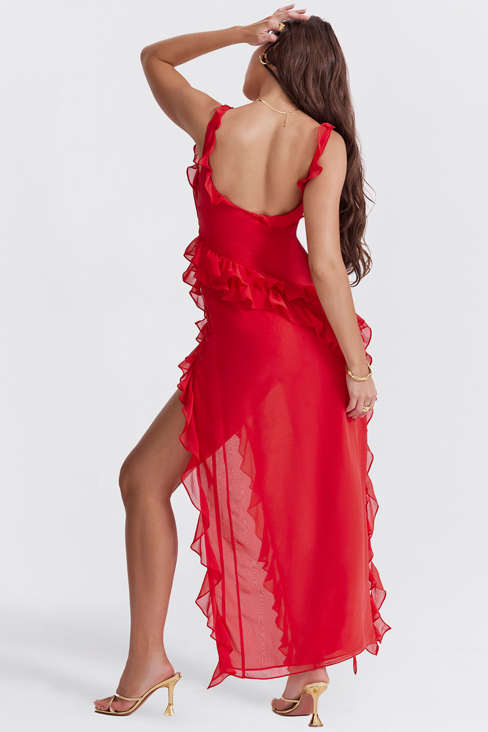 Robe femme longue – Fente haute – Bretelles réglables – Détail volant – Coupe élégante