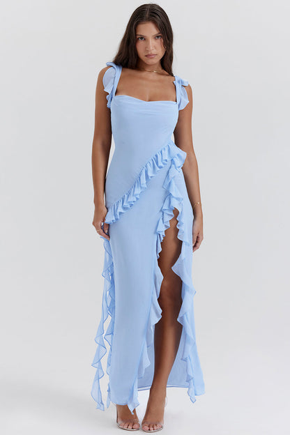 Robe femme longue – Fente haute – Bretelles réglables – Détail volant – Coupe élégante