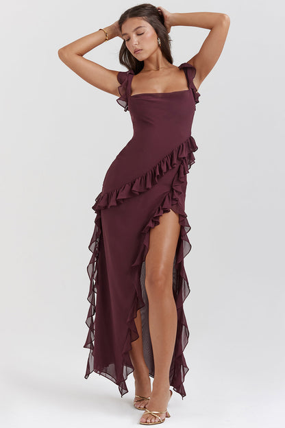 Robe femme longue – Fente haute – Bretelles réglables – Détail volant – Coupe élégante