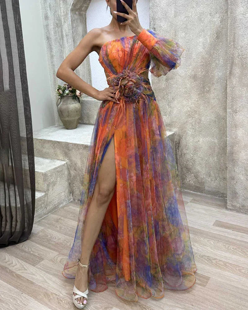 Robe de soirée femme – Une épaule – Fente haute – Détail floral – Tissu fluide