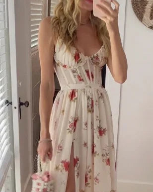 Robe midi femme – Dentelle florale – Coupe ajustée évasée – Fente élégante
