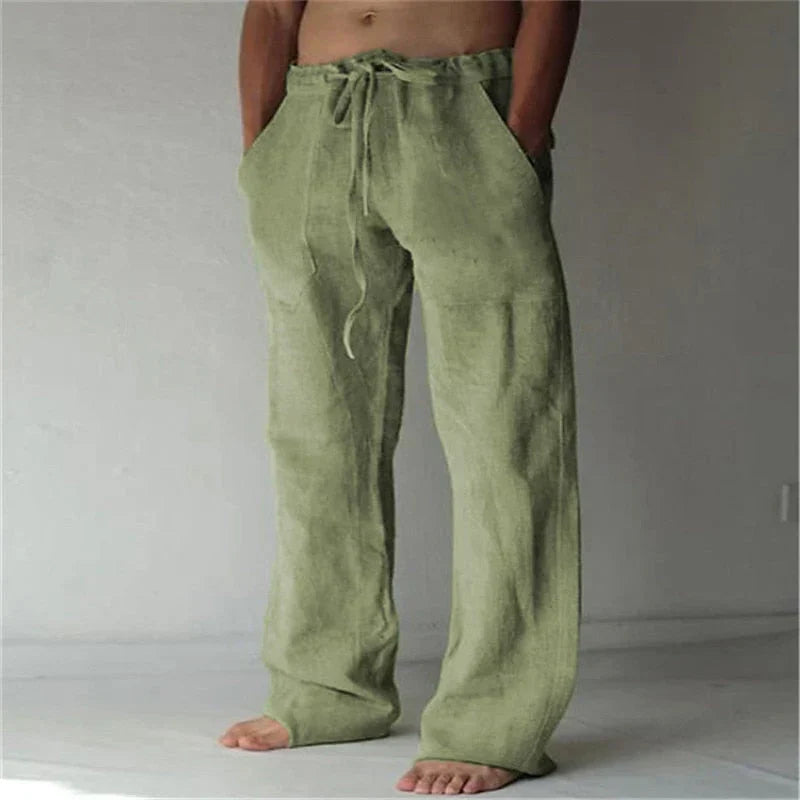 Pantalon homme – Lin respirant – Coupe ample – Jambe large – Taille à cordon